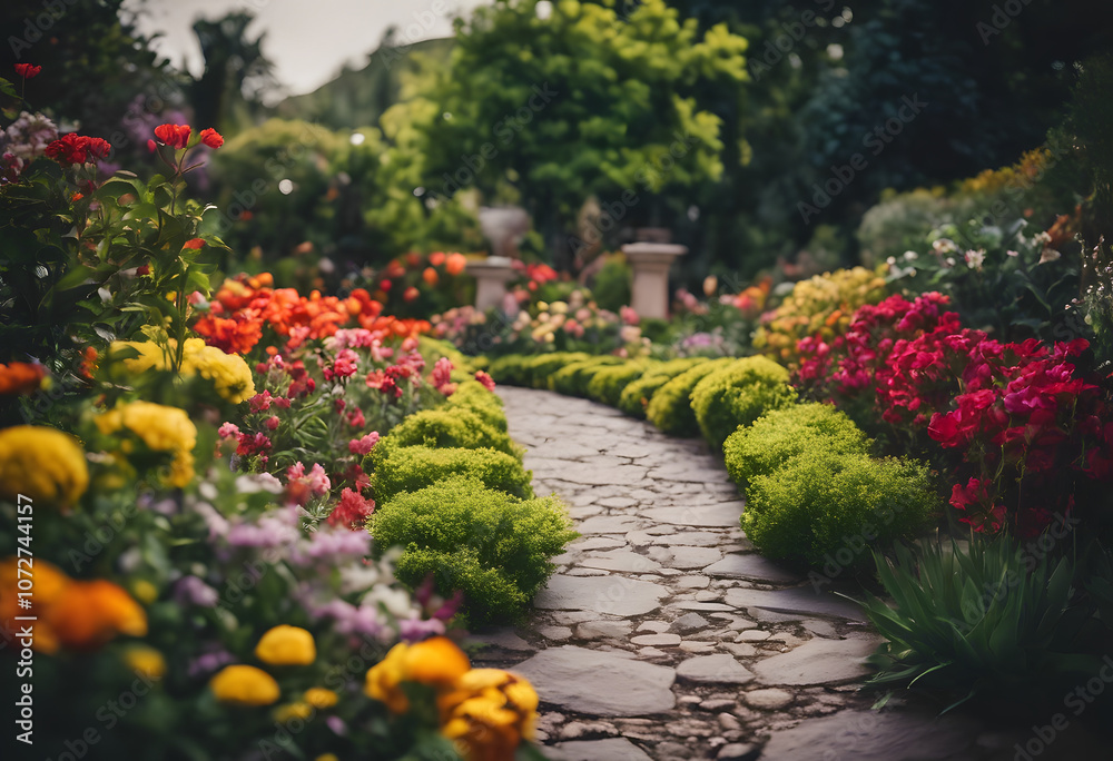 A picturesque garden path lined with vibrant flowers in full bloom, creating a colorful and inviting scene. The stone pathway leads through lush greenery, surrounded by various types of flowers. A picturesque garden path lined with vibrant flowers in full bloom, creating a colorful and inviting scene. The stone pathway leads through lush greenery, surrounded by various types of flowers.