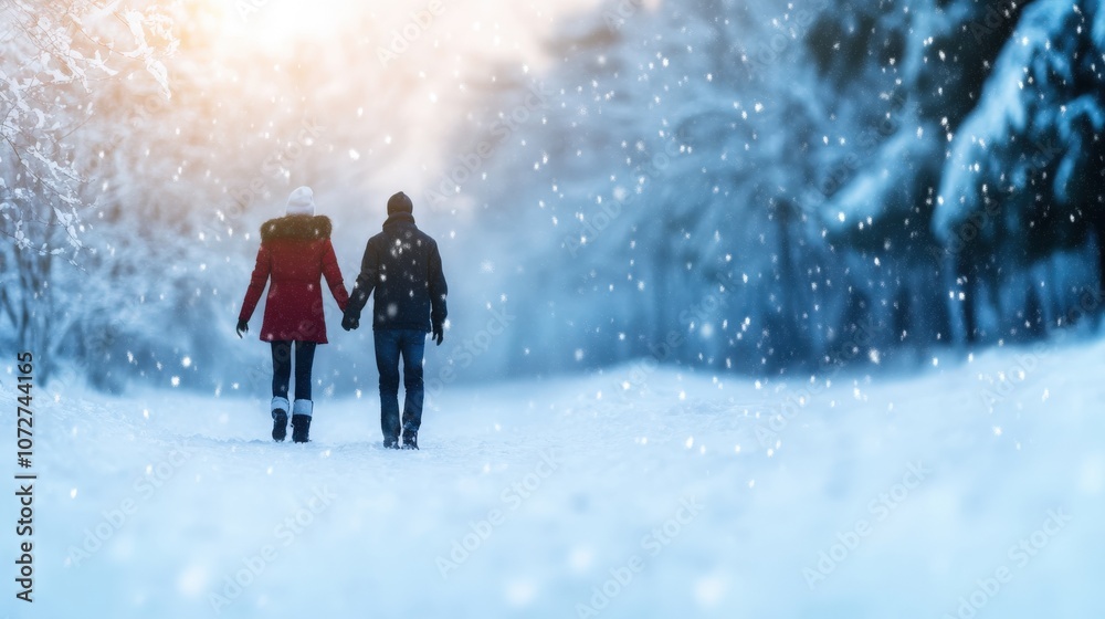 Couple walking hand in hand through a snowy landscape on a winter day.