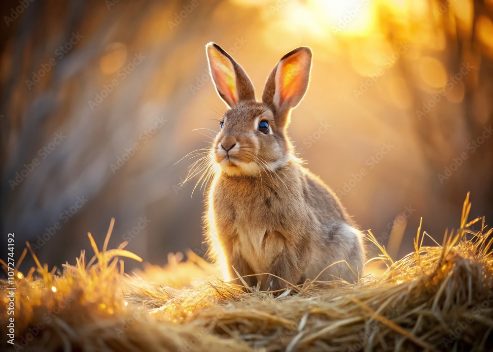 Fototapeta premium Fluffy Brown Bunny Rabbit Sitting on Dry Grass in Natural Light, Perfect for Easter Themes and Wildlife Photography, Capturing the Essence of Springtime and Nature's Beauty