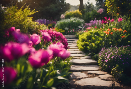 Wallpaper Mural A picturesque garden path lined with vibrant flowers in full bloom, creating a colorful and inviting scene. The stone pathway leads through lush greenery, surrounded by various types of flowers. Torontodigital.ca