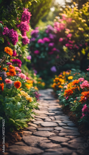 A picturesque garden path lined with vibrant flowers in full bloom, creating a colorful and inviting scene. The stone pathway leads through lush greenery, surrounded by various types of flowers.