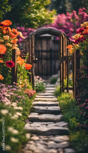 A picturesque garden path lined with vibrant flowers in full bloom, creating a colorful and inviting scene. The stone pathway leads through lush greenery, surrounded by various types of flowers.