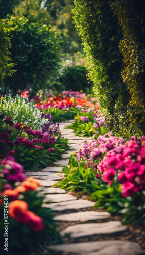 A picturesque garden path lined with vibrant flowers in full bloom, creating a colorful and inviting scene. The stone pathway leads through lush greenery, surrounded by various types of flowers.