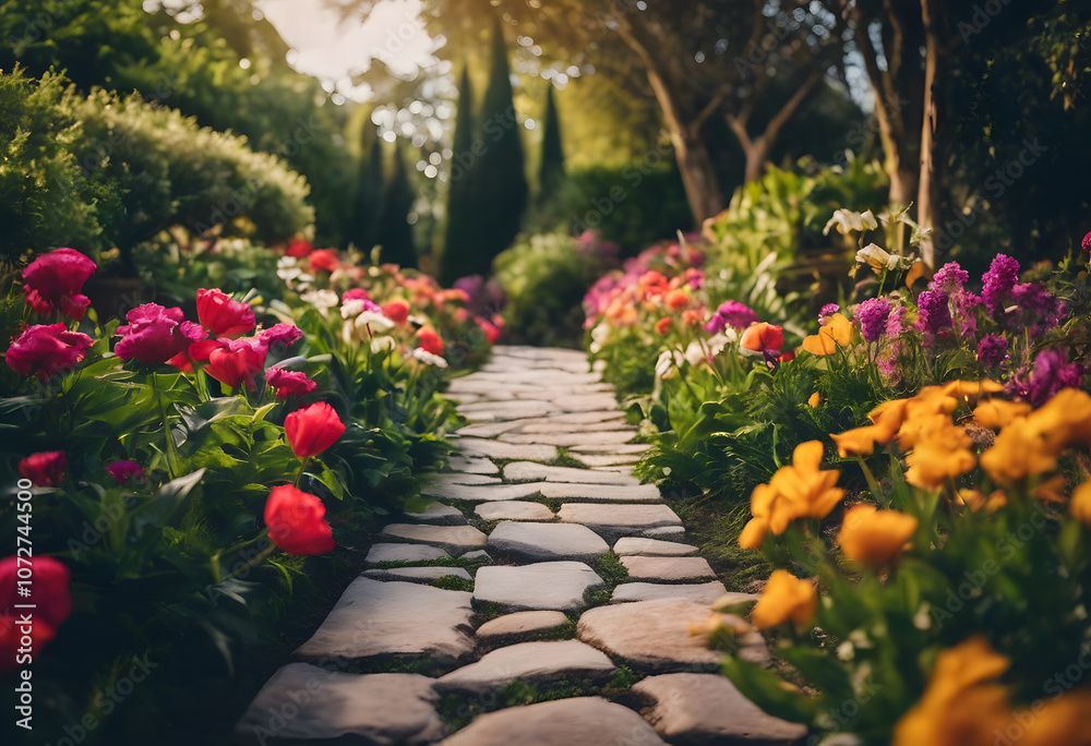 Fototapeta premium A picturesque garden path lined with vibrant flowers in full bloom, creating a colorful and inviting scene. The stone pathway leads through lush greenery, surrounded by various types of flowers.