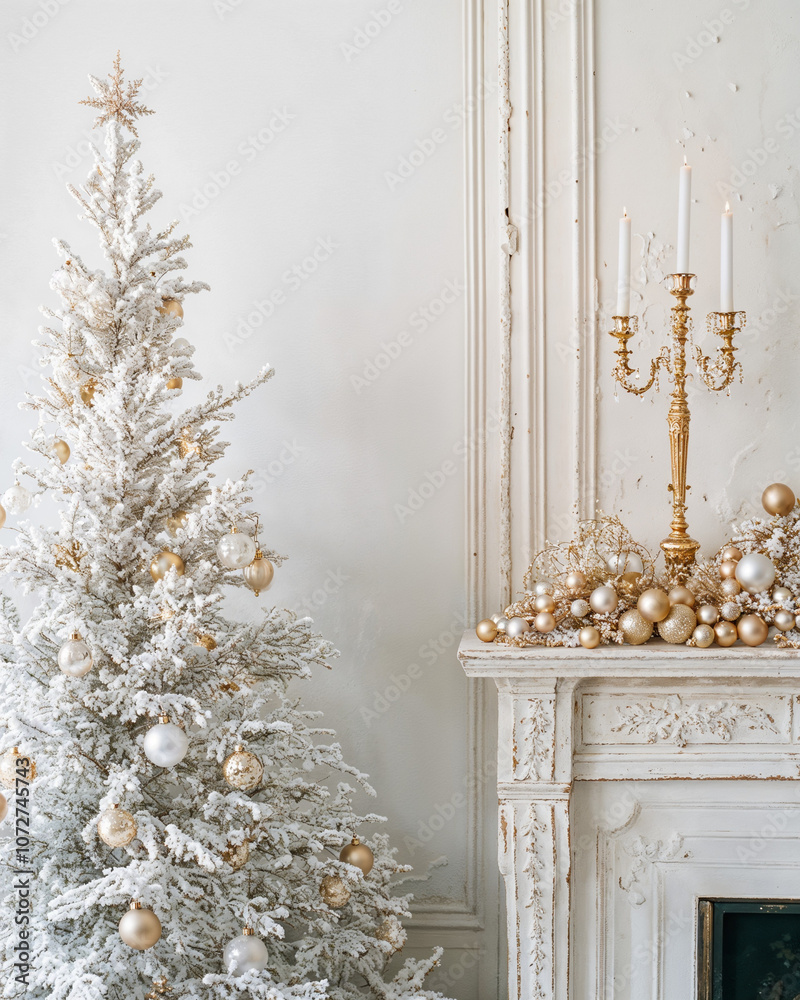 Elegant White Christmas Tree and Chic Gold Decor On Mantle, Christmas Holiday Scene Elegant White Christmas Tree and Chic Gold Decor On Mantle, Christmas Holiday Scene