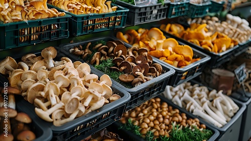 A variety of fresh mushrooms displayed in crates, showcasing diversity in fungi and the abundance of natural produce. Ideal for themes of organic food, cooking, and healthy eating. photo