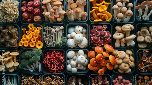 A variety of fresh mushrooms displayed in crates, showcasing diversity in fungi and the abundance of natural produce. Ideal for themes of organic food, cooking, and healthy eating. photo