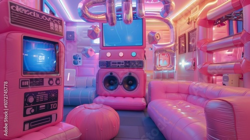 The room also features a massive inflatable boombox paying homage to the iconic music players of the 2000s.