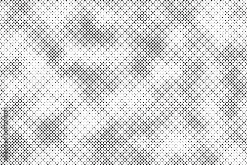 Grunge halftone gradient background. Faded grit noise texture. White and black sand wallpaper. Retro pixelated backdrop. Anime or manga style comic overlay. Vector graphic design textured template