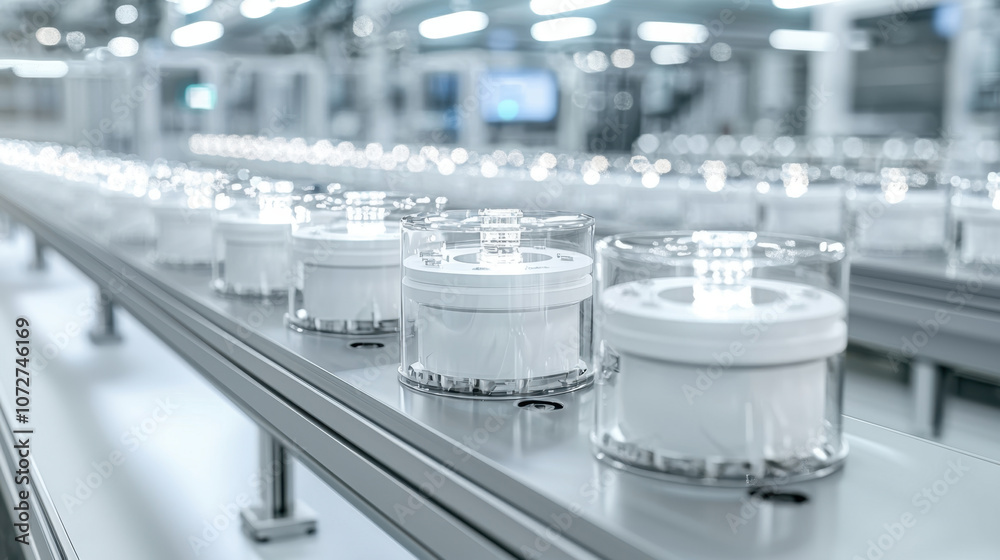 A series of transparent containers on a production line in a modern industrial facility, showcasing an organized and sterile manufacturing process. A series of transparent containers on a production line in a modern industrial facility, showcasing an organized and sterile manufacturing process.