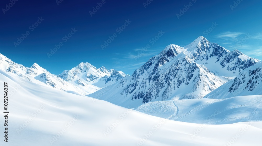 Majestic snowy mountains under a clear blue sky in a serene winter landscape view.