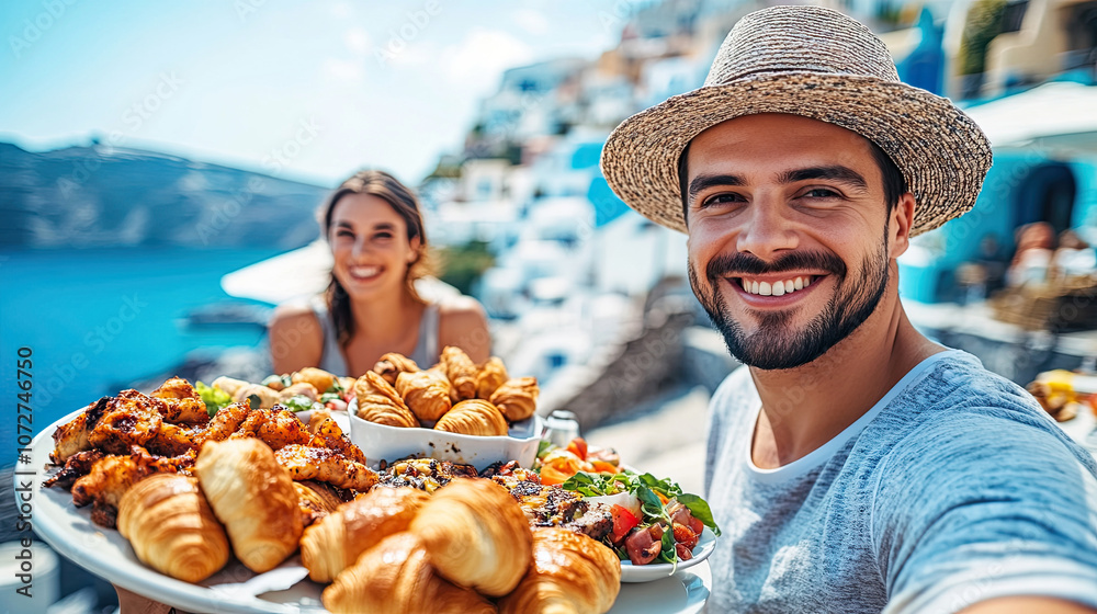 Naklejka premium Happy young couple eating and drinking in Santorini