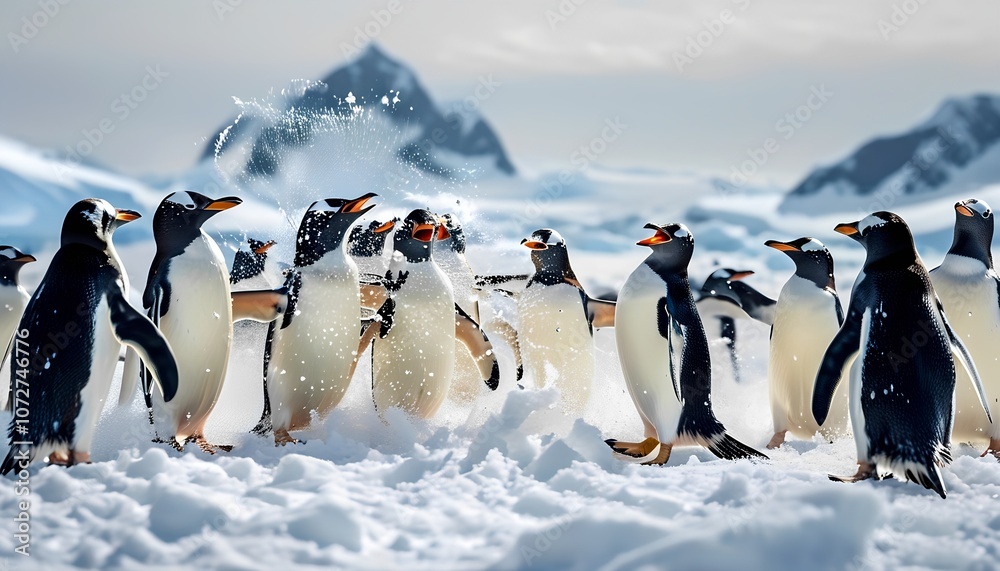 Obraz premium Penguins playfully interact in the snowy landscape of antarctica showcasing their unique social behaviors and natural habitat