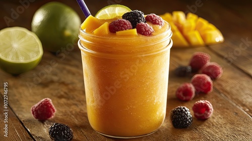 A refreshing mango smoothie with lime and berries in a mason jar.