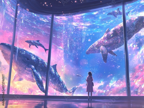 A Masterpiece: A Beautiful Painting of a Dream Aquarium with a Person Observing Whales photo