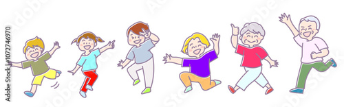子どもからお年寄りまで元気に踊っている健康的な家族（カラー）