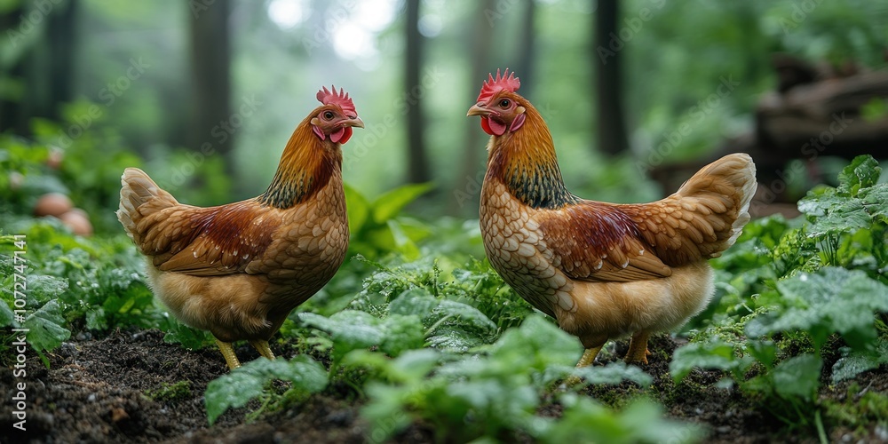 Fototapeta premium Two brown chickens facing each other in a forest clearing.
