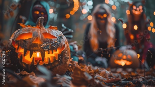 Pumpkins are decorated in such a way on the table for the Halloween celebration photo