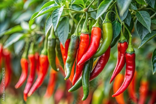 Close-up of red and green chili peppers on a tree with selected focus depth of field photo