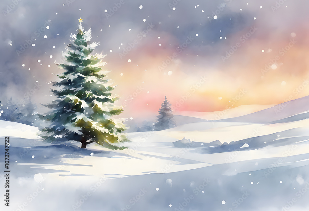 A snow-covered evergreen tree stands in a winter forest, with softly falling snowflakes and a serene, misty background. A snow-covered evergreen tree stands in a winter forest, with softly falling snowflakes and a serene, misty background.