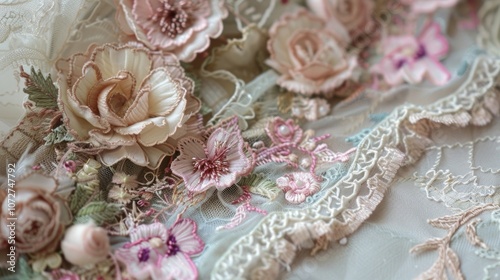A faded pastel ribbon adorned with embroidered flowers and delicate lace trim.