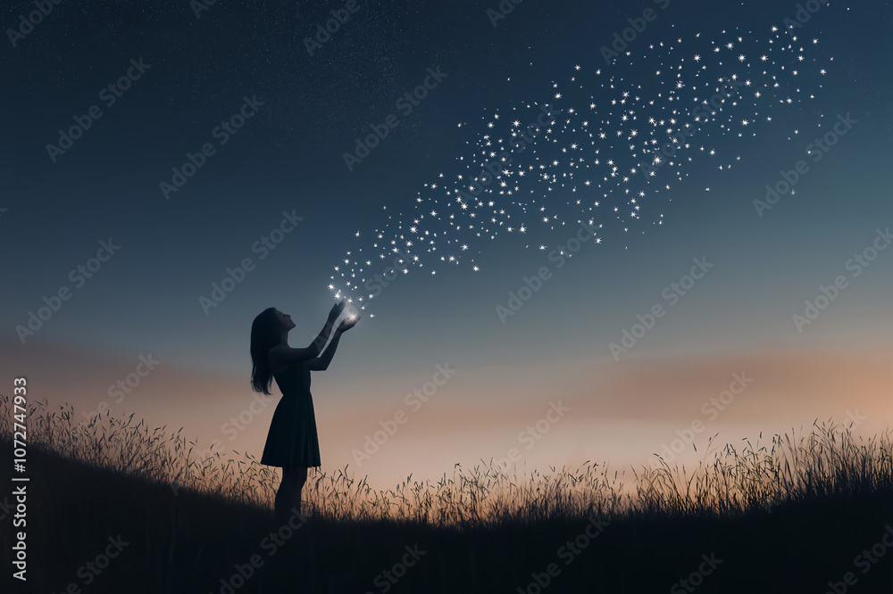 a woman stands on a grassy hill, blowing a handful of sparkling stars into the night sky a woman stands on a grassy hill, blowing a handful of sparkling stars into the night sky
