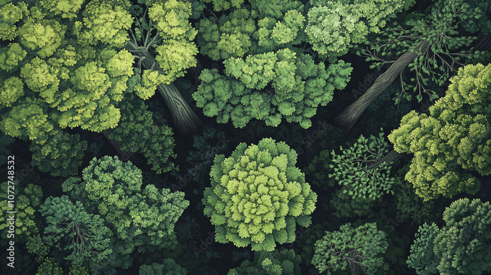 Lush green tree canopy from above, serene view. Lush green tree canopy from above, serene view.