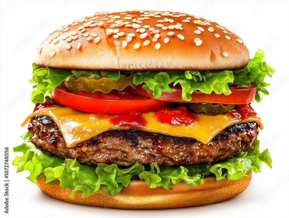 A delicious, stacked burger featuring a juicy patty, melted cheese, fresh lettuce, tomatoes, pickles, and ketchup on a sesame seed bun. A delicious, stacked burger featuring a juicy patty, melted cheese, fresh lettuce, tomatoes, pickles, and ketchup on a sesame seed bun.