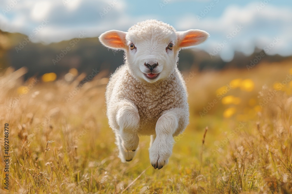 Cute Lamb Jumping in a Spring Meadow with a Nature Background and Blue Sky
Cute Lamb Jumping in a Spring Meadow with a Nature Background and Blue Sky