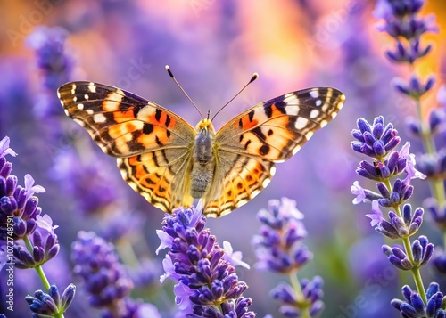 Butterfly on lavender, a breathtaking panoramic garden scene.