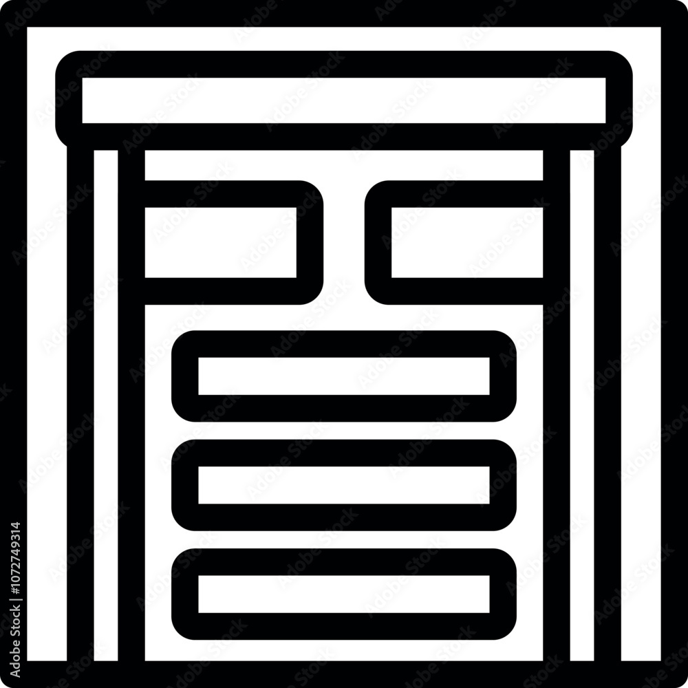 Garage door closing, ensuring safety and protecting cars inside, black and white line art icon Garage door closing, ensuring safety and protecting cars inside, black and white line art icon