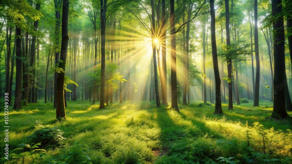 Obraz premium Golden rays of morning sun pierce through a dense canopy of trees, illuminating the verdant forest floor with a ethereal glow.