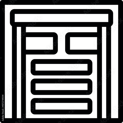 Garage door closing, ensuring safety and protecting cars inside, black and white line art icon