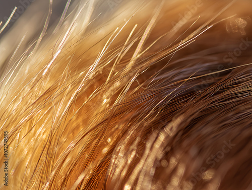 a close up of red human hair reveals frizzy, damaged strands with faded color and dryness. the hair lacks shine photo