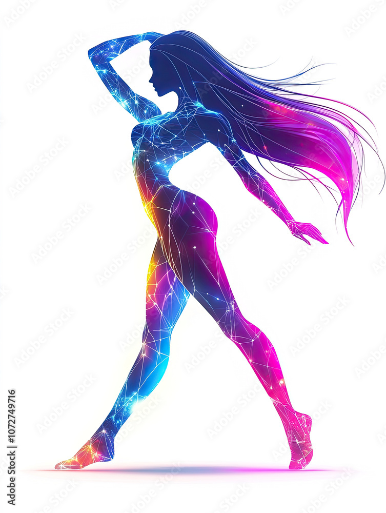 3D images of women dancing displayed by colorful neon lights and glowing holographic projections 3D images of women dancing displayed by colorful neon lights and glowing holographic projections