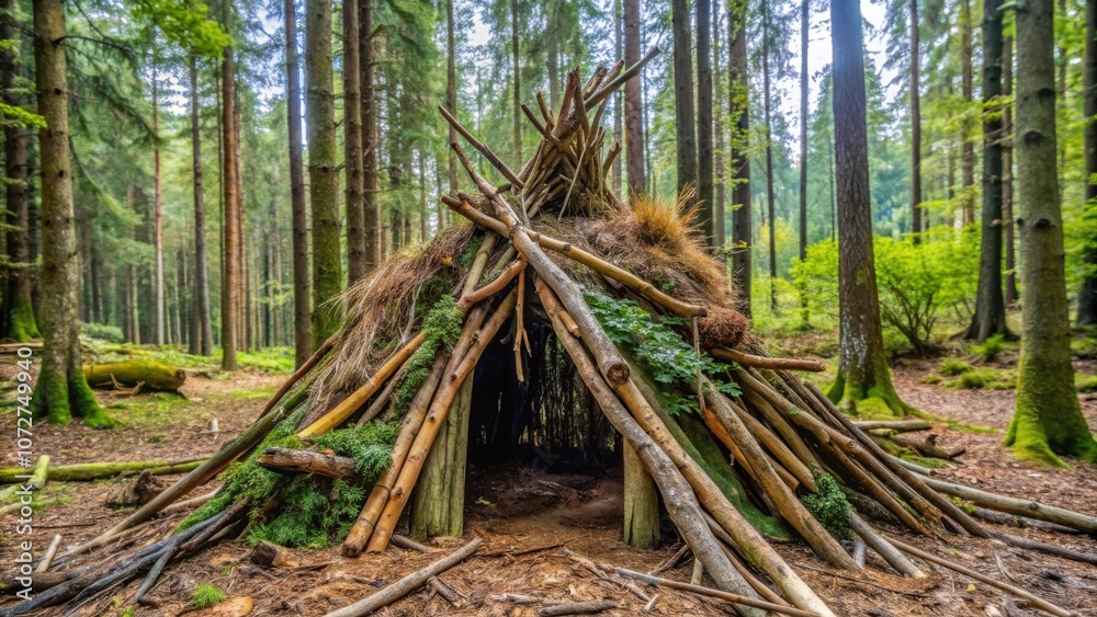 Fototapeta premium A rustic shelter crafted from natural materials, nestled within a dense forest, providing a glimpse of a secluded haven