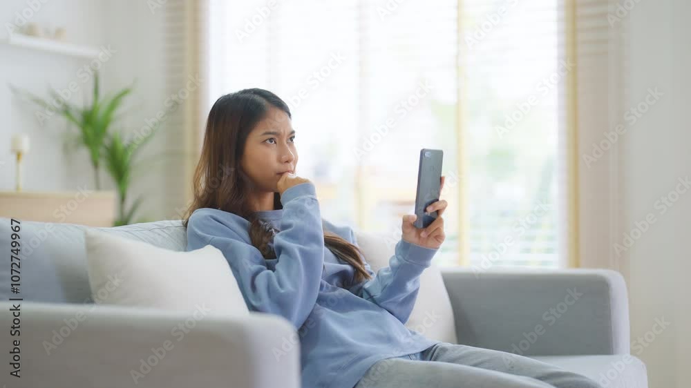Happy young asian woman relaxing at home. Female smiling and talking chat with friend sitting on sofa and holding mobile smartphone. Girl using video call to close friend Happy young asian woman relaxing at home. Female smiling and talking chat with friend sitting on sofa and holding mobile smartphone. Girl using video call to close friend