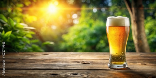 A glass of beer with a head of foam stands on a wooden table in a sunny forest setting