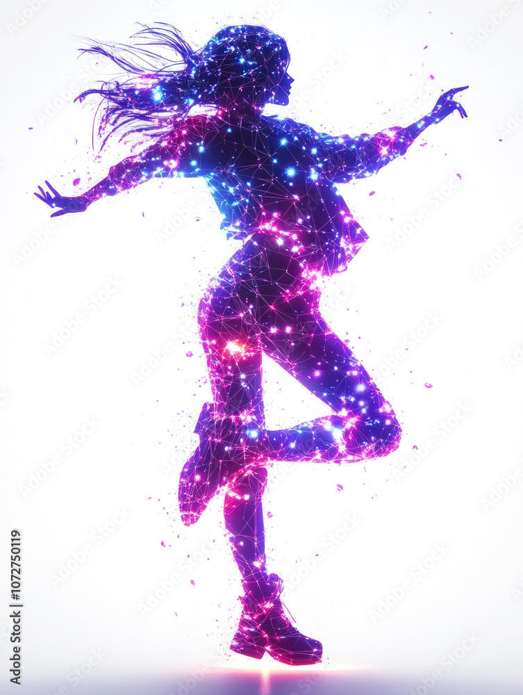 Obraz premium 3D images of women dancing displayed by colorful neon lights and glowing holographic projections