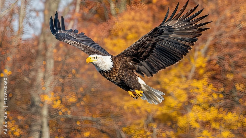 Fototapeta premium A Bald Eagle in flight against a backdrop of vibrant autumn foliage.