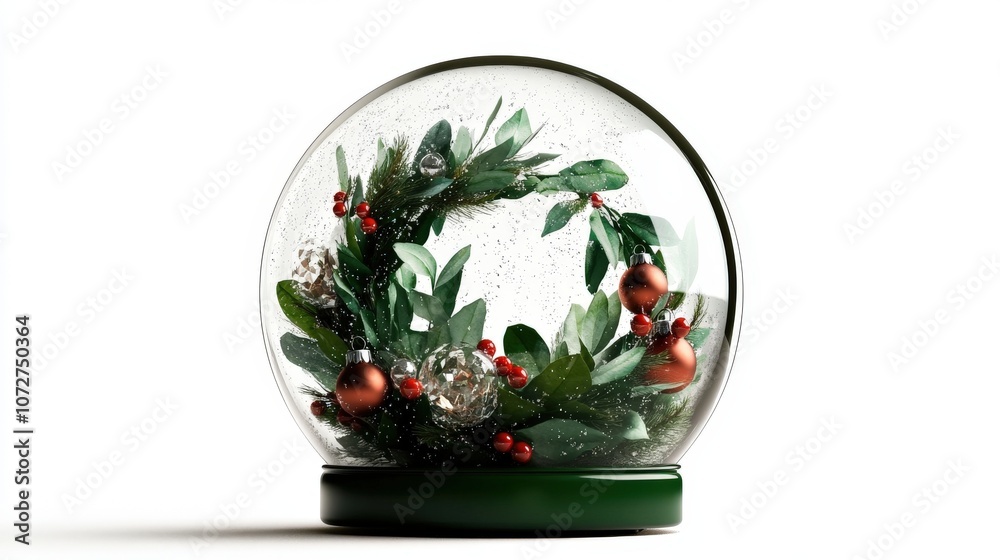 A festive snow globe featuring a beautiful wreath with decorative elements. A festive snow globe featuring a beautiful wreath with decorative elements.
