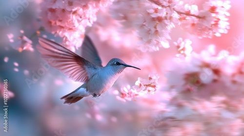 Hummingbird in Flight Amidst Blossoms