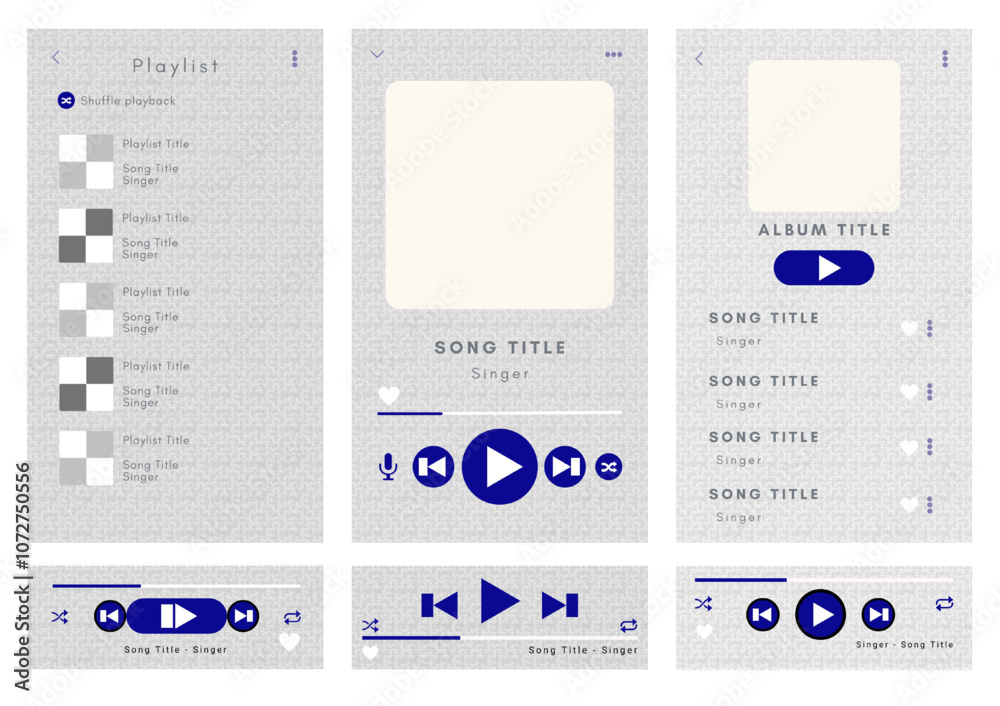 Mockup template for music player and playlist display for the mobile application. Music playlist Template with 3 color combination and 3D texture and pattern as background.