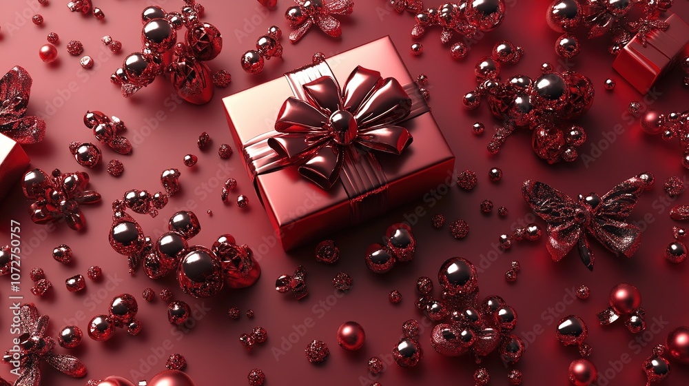 A beautifully wrapped red gift box adorned with a shiny bow surrounded by decorative ornaments on a matching red surface, capturing elegance and celebration in a festive atmosphere A beautifully wrapped red gift box adorned with a shiny bow surrounded by decorative ornaments on a matching red surface, capturing elegance and celebration in a festive atmosphere