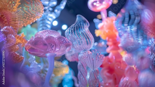 An underwaterthemed event featuring a stunning array of plastic sculptures shaped like bubbles fish and other sea creatures creating an enchanting and otherworldly atmosphere. photo