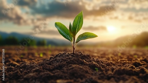 Resilient Plant Growing in Dry Soil During Sunrise