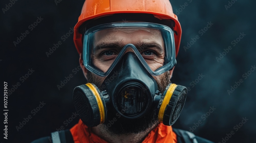Worker with Safety Mask and Helmet in Dusty Environment Worker with Safety Mask and Helmet in Dusty Environment