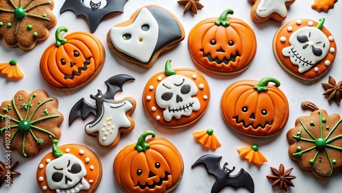 Halloween-Themed Gingerbread Cookies Decorated with Sugar Fondant in Pumpkin, Bat, and Skull Shapes on a Clean White Background for Minimalist Photography