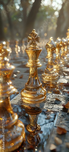 Golden chess pieces lined up on a reflective surface, illuminated by warm sunlight, symbolizing luxury, strategy, and intellectual pursuit. Ideal for themes of leadership, decision-making photo