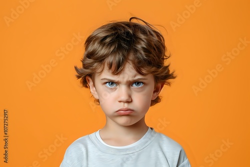 Emotional portrait of upset caucasian boy with curly hair wearing white t-shirt showing angry expression against vibrant orange background perfect for child psychology concepts. photo